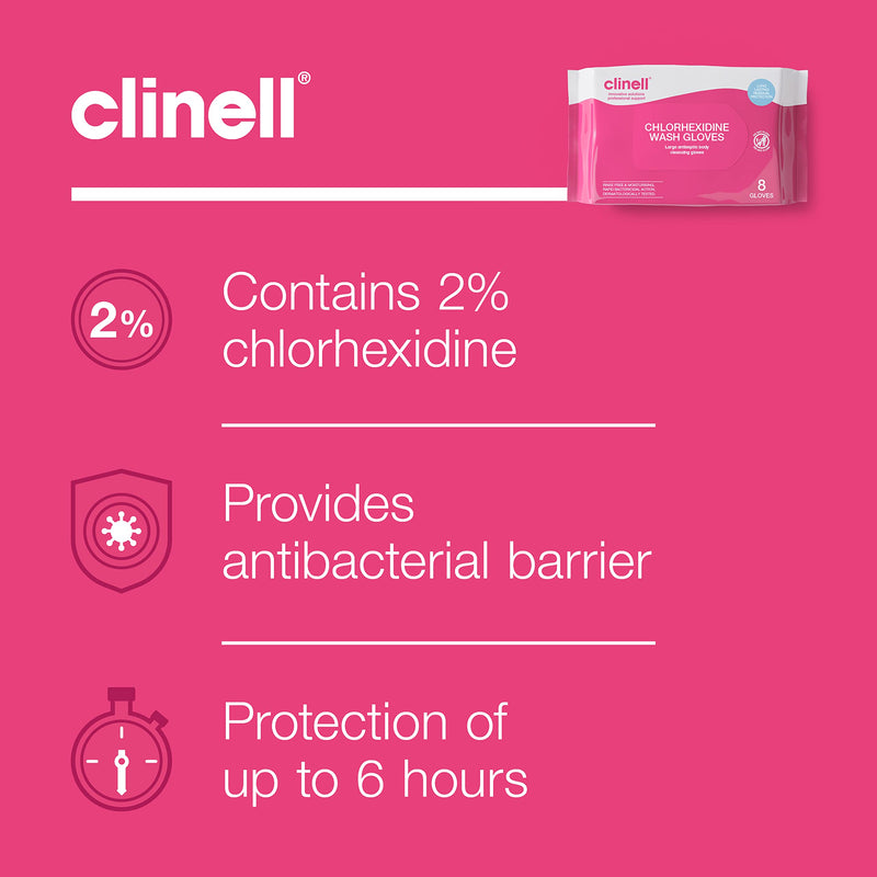 [Australia] - Clinell Chlorhexidine Wash Gloves - Pack of 8 Gloves - Body Wipes, Rinse Free Solution, Kills Bacteria, Dermatologically Tested Single 