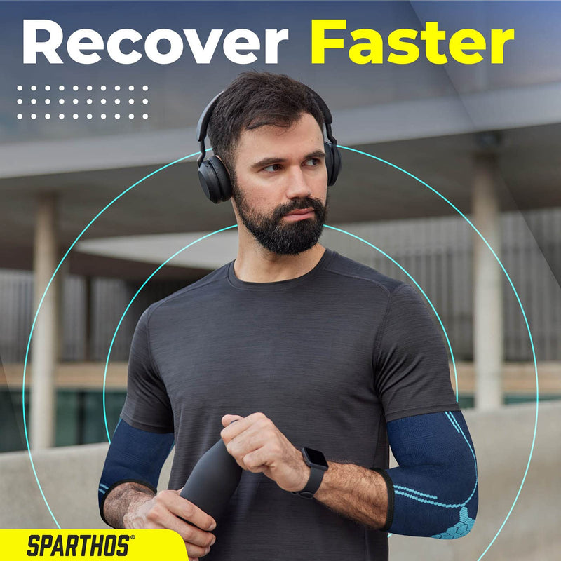[Australia] - Sparthos Elbow Compression Sleeves (Pair) – Tennis and Golfer's Elbow Support – Elbow Brace for Men and Women – Made from Innovative Breathable Elastic Blend Medium Midnight Black 