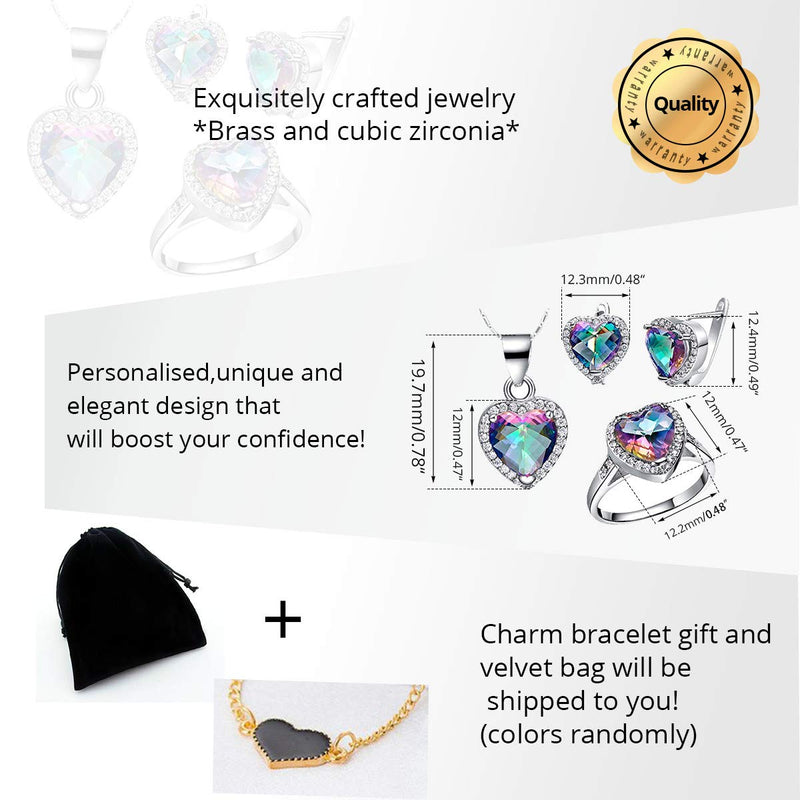 [Australia] - Uloveido Rainbow Rhinestone Women Heart Cocktail Ring, Dangling Earrings and Pendant Necklace Jewelry Set for Girls T481 