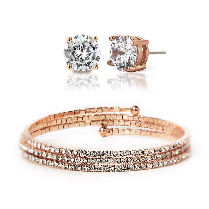 [Australia] - A+O Wedding Jewelry Bridesmaid Jewelry, Pearl Bangle Bracelet in Silver, Gold or Rose Gold Bracelet + Earrings, Rose Gold 