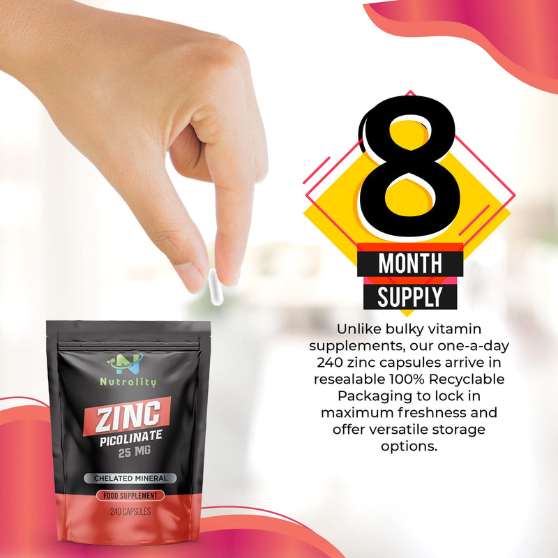 [Australia] - Nutrality Zinc Picolinate 25 mg - High Absorption Immune System Booster, Allergen-Free Zinc Supplement � 240 Day Supply Capsules - Vegan & Vegetarian Friendly 