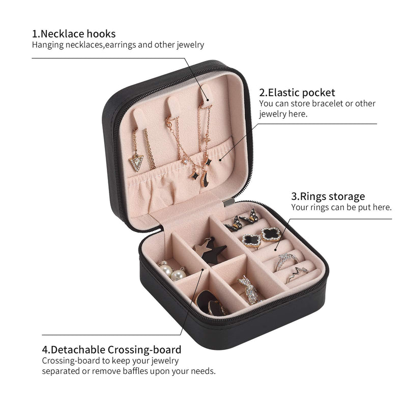 [Australia] - Casegrace Portable Travel Mini Jewelry Box Matte Leather Jewellery Ring Organizer Case Storage Gift Box Girls Women Black-1 