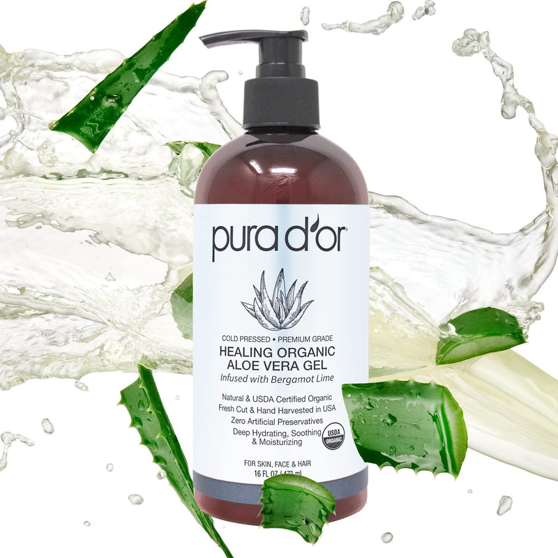 [Australia] - PURA D'OR Organic Aloe Vera Gel Bergamot Lime (16oz) All Natural - ZERO Artificial Preservatives - Deeply Hydrating & Moisturizing - Sunburn, Bug Bites, Rashes, Small Cuts, Eczema Relief - Skin & Hair 