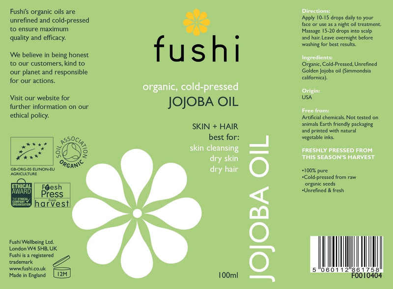[Australia] - Fushi Organic Jojoba Oil 100 ml | Fresh-Pressed| Rich in Vitamin E | Best for Skin Cleansing, Dry Skin & Dry Hair | Hypoallergenic Oil | Ethical & Vegan Society Approved | Manufactured in the UK 