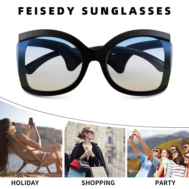 [Australia] - FEISEDY Oversized Square Butterfly Sunglasses Curved Curly Arm Frame Women's Fashion Shades B4035 Black Frame/Blue Yellow Lens 60 Millimeters 