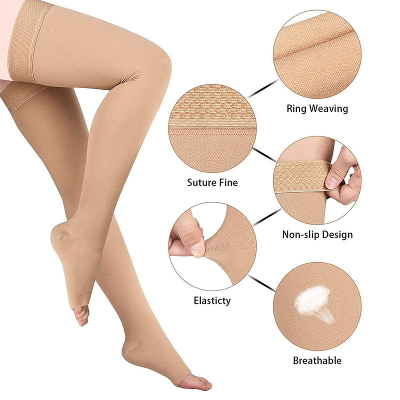 [Australia] - Thigh High 20-32 mmHg Compression Stocking Toeless Compression Socks for women & men circulation with Silicone Dot Band Beige Large (1 Pair) 