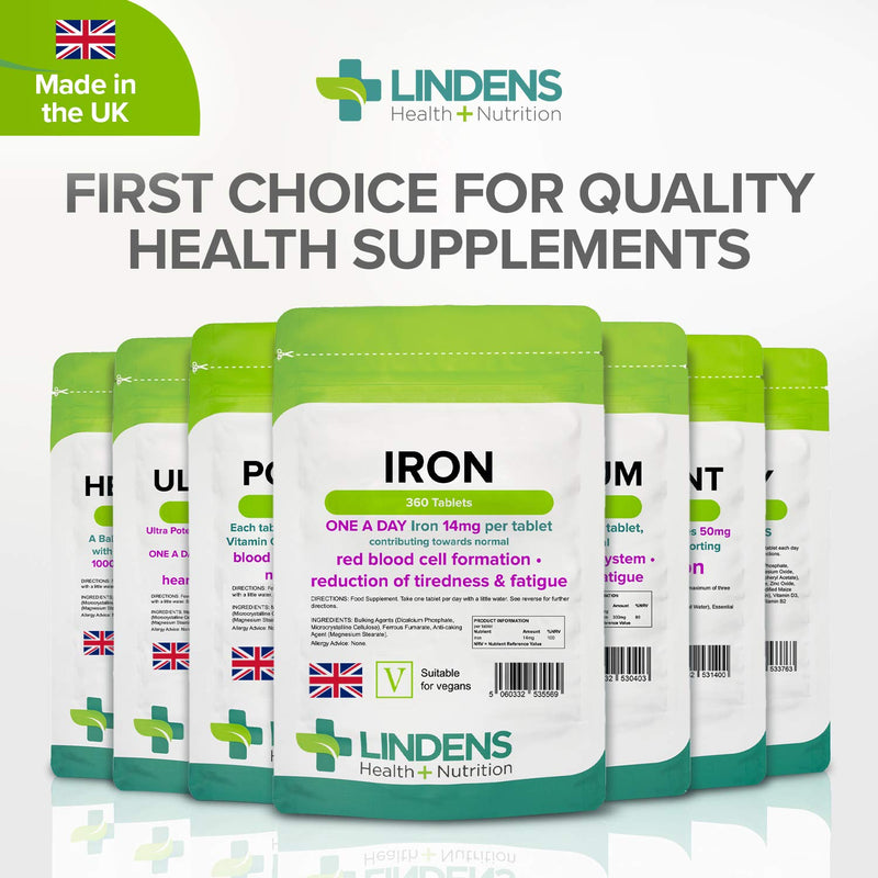 [Australia] - Lindens Iron 14mg Tablets - 360 Vegan Tablets - Reduce Tiredness, Increase Energy | Creates Healthy Red Blood Cells, Normal Oxygen Transportation | Made in The UK | (12 Months Supply) 