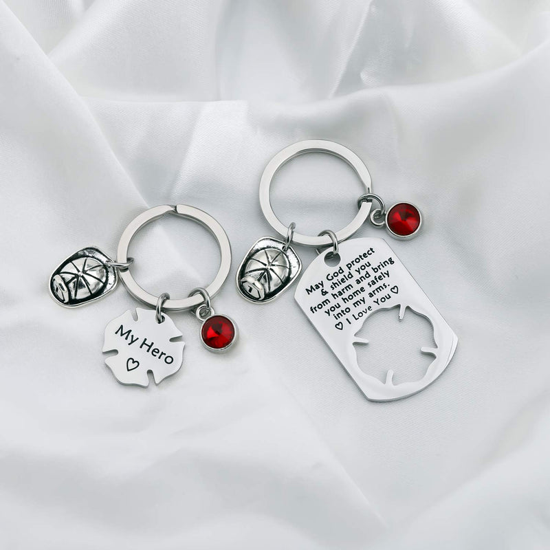 [Australia] - FUSTMW Firefighter Gift Keychain Necklace Matching Set Fireman Jewelry Gift for Firefighter Wife, Girlfriend, Mom, Daughter May God Protect You from Harm Firefighter keychain set 