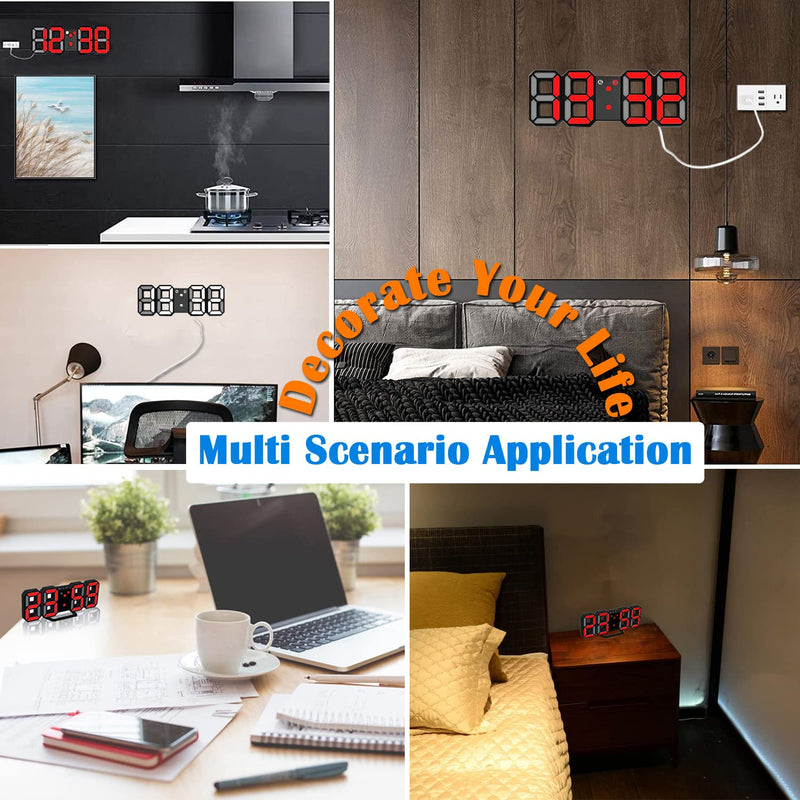[Australia] - EAAGD 3D LED Night Light Digital Alarm Clock, 8.4" Alarm Clocks for Bedrooms, 0-100% Dimmer, 12/24H, Snooze for Office Bedroom Nightstand Desk (Black/Red) Black/Red 