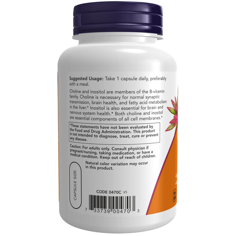 [Australia] - NOW Supplements, Choline & Inositol 500 mg, Healthy Nerve Transmission*, Nervous System Health*, 100 Capsules 1 