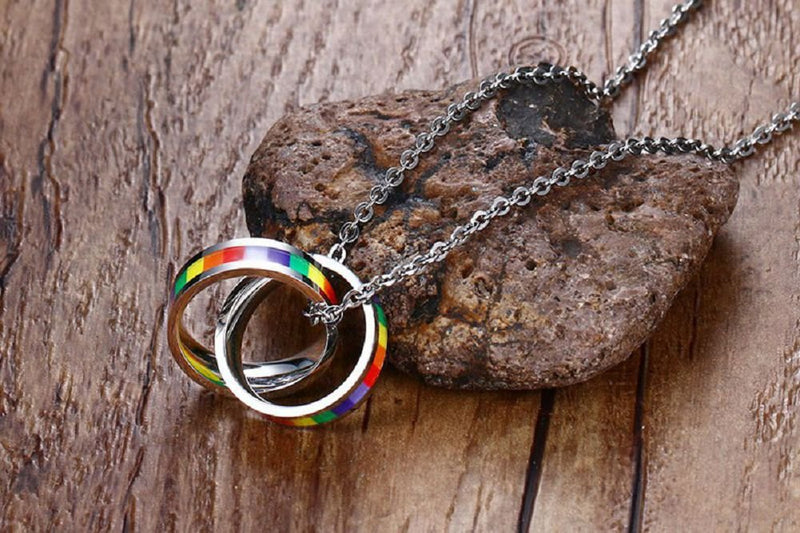 [Australia] - HoBST Gay Pride Rainbow Pendant Necklace LGBT Lesbian Flag with Chain Homosexual Double Rings 