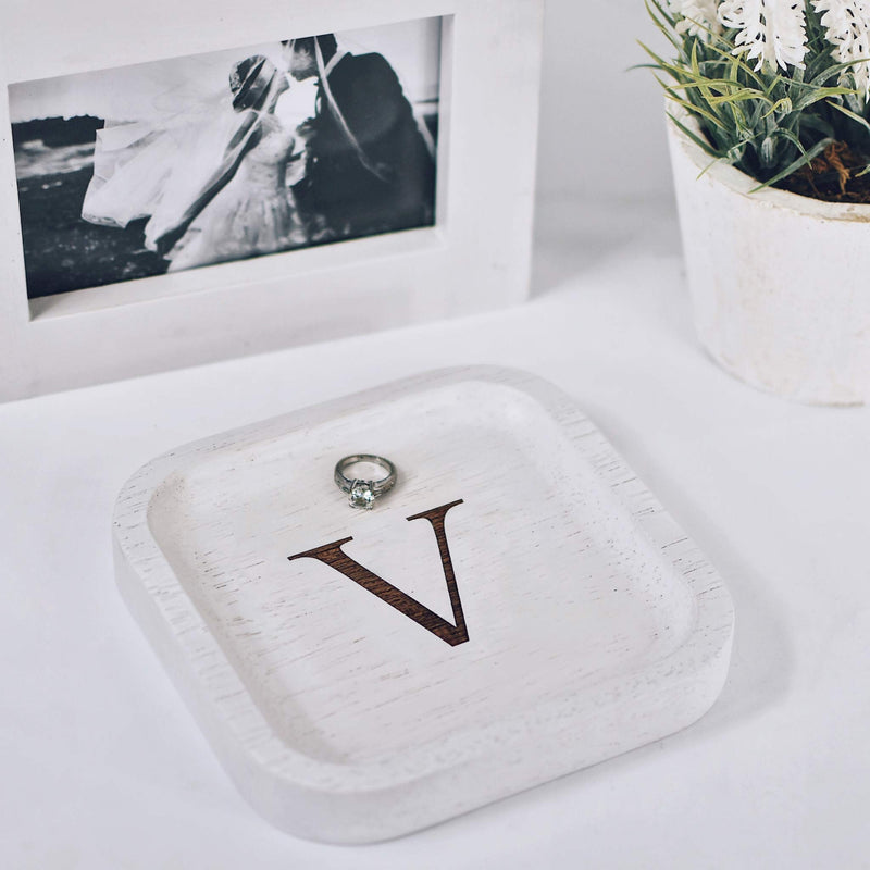 [Australia] - Solid Wood Personalized Initial Letter Jewelry Display Tray Decorative Trinket Dish Gifts For Rings Earrings Necklaces Bracelet Watch Holder (6"x6" Sq White "V") 6"x6" Sq White "V" 