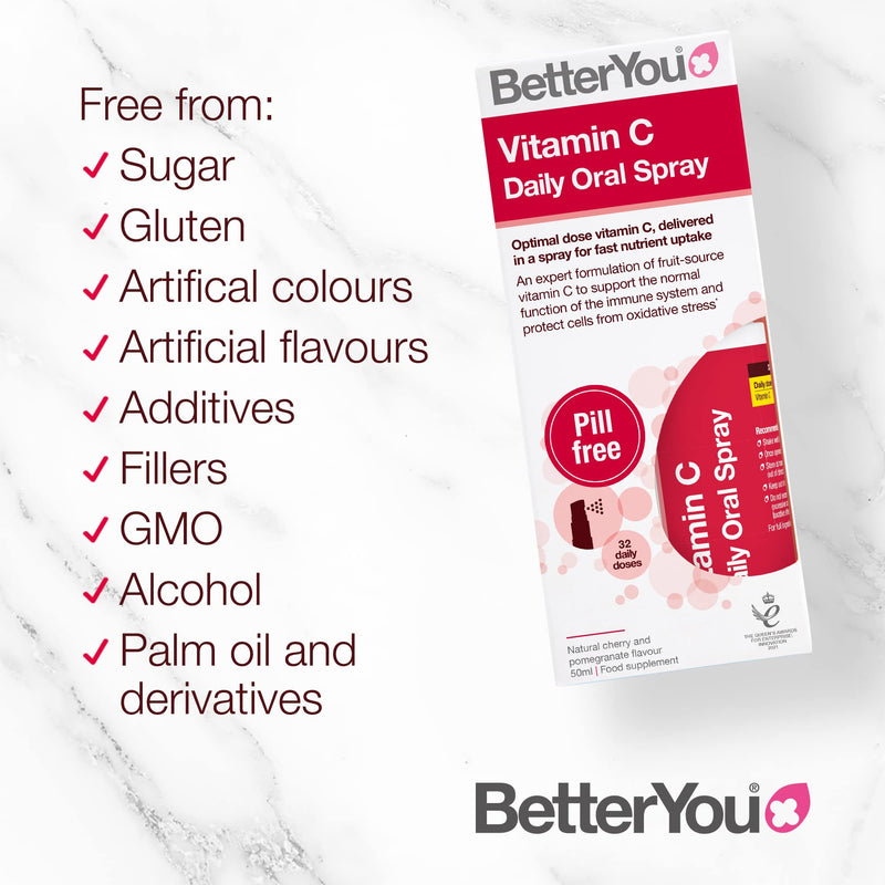 [Australia] - BetterYou Vitamin C Daily Oral Spray | Selenium, Vitamin B2 and Green Tea Extract | 100mg per daily serving | Natural Cherry and Pomegranate Flavour | 25ml 