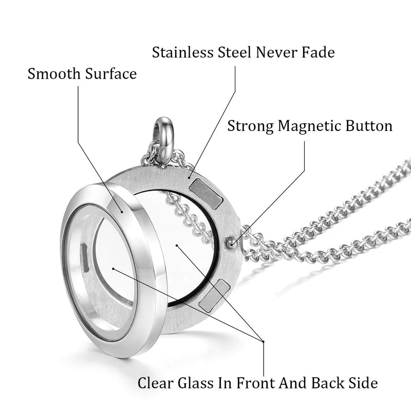 [Australia] - EVERLEAD Living Memory Floating Round Locket Pendant Charms Necklace 316L Stainless Steel Toughened Glass Free Chain and Zircon 30mm magnetic 