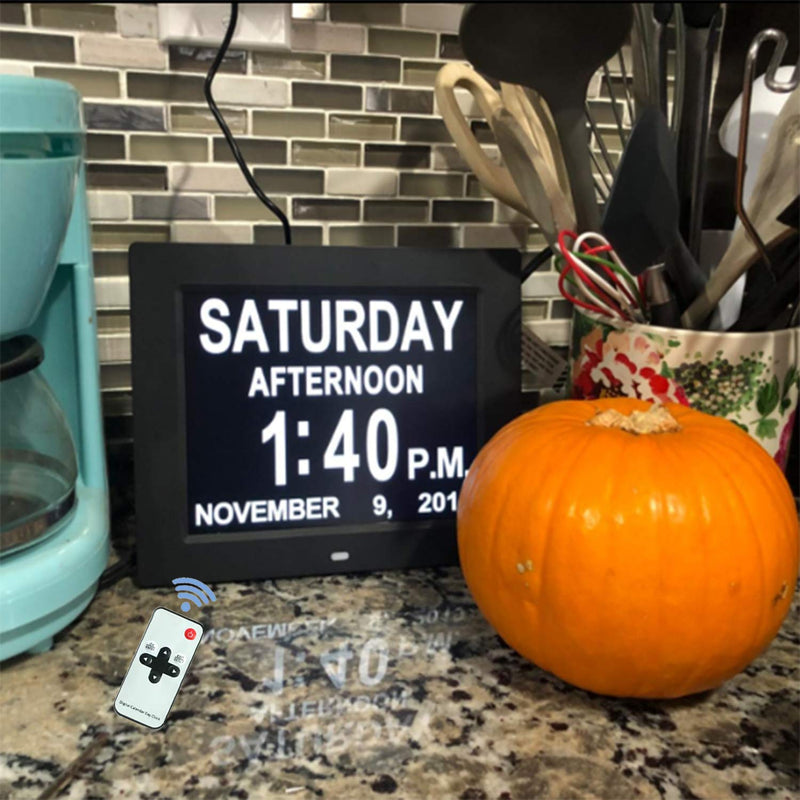 [Australia] - Digital Calendar Alarm Day Clock, 8" Large Screen Display, with 5 Alarm Options, AM/PM Function, for Impaired Vision People, Age Seniors, The Dementia, for Desk, Wall Mounted, with Remote Control 