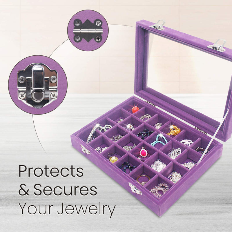 [Australia] - Clear Lid 24 Grid Small Jewelry Box ~ Showcase Display Storage For Rings Earrings Bracelet ~ Secure & Travel Friendly (Purple) Purple 