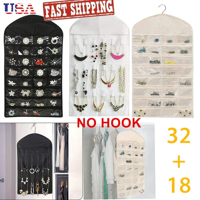 [Australia] - 32 Pockets Visible Hanging Jewelry Organizer Non-Woven Jewelry Holder Carrier with 18 Hook and Loops for Girls/Women Rings, Necklaces, Bracelets, Earrings (Black) Black 