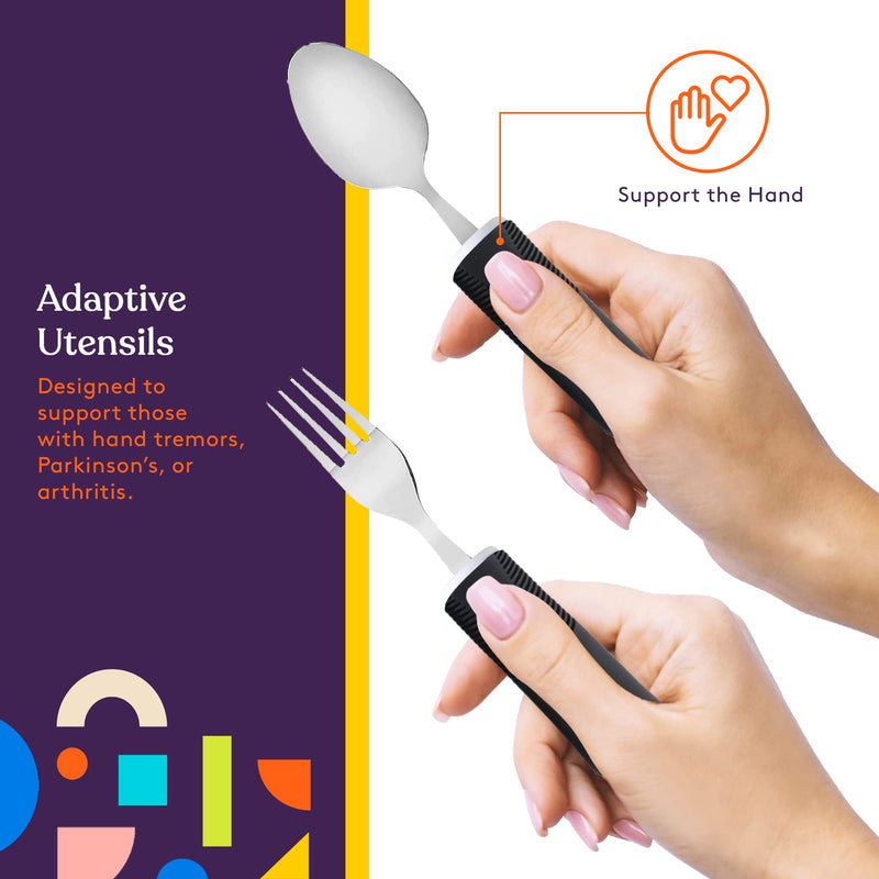 [Australia] - Special Supplies Adaptive Utensils (5-Piece Kitchen Set) Wide, Non-Weighted, Non-Slip Handles for Hand Tremors, Arthritis, Parkinson’s or Elderly use - Stainless Steel Knives, Fork, Spoons - Black 