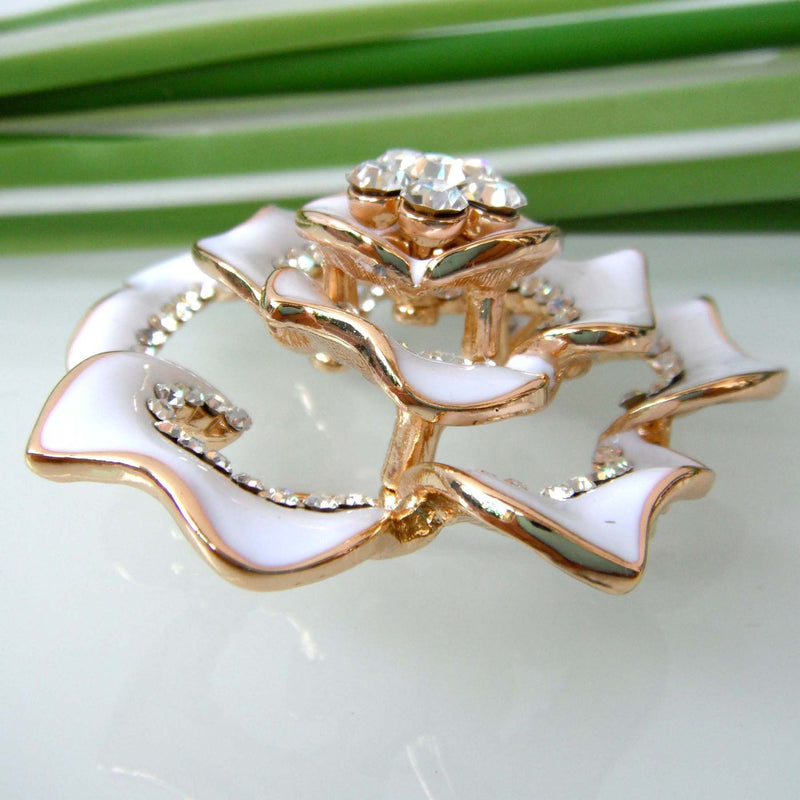 [Australia] - Navachi 18k Gold Plated Crystal Rose Flower Enamel Brooch pins White 