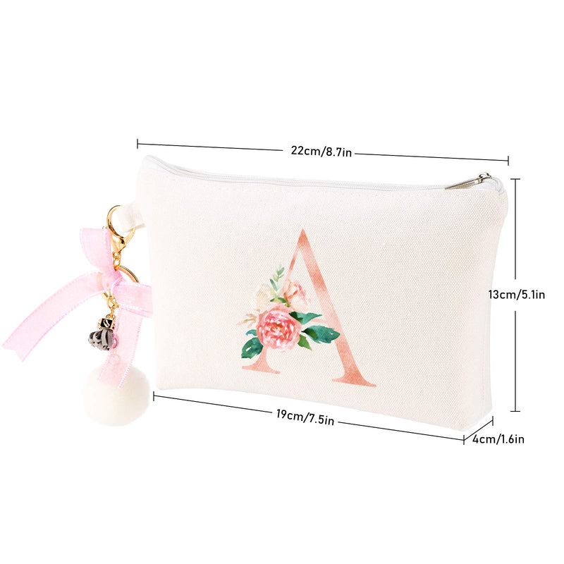 [Australia] - PARBEE Floral Initial Canvas Makeup Bag Zipper Cosmetic Pouch with Keychain, Monogrammed Gift for Girls Women Mom Teacher Birthday Valentine's Day Mother's Day Bridal Shower A 