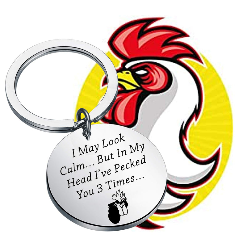 [Australia] - BEKECH Funny Calm Chicken Keychain I May Look Calm But in My Head I’ve Pecked You 3 Times Jewelry Gift for Chicken Lovers Rooster Lovers Gift silver keychain 