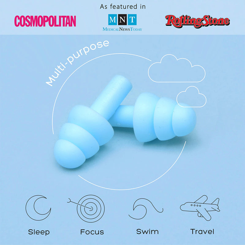 [Australia] - ANBOW Ear Plugs for Sleeping Noise Cancelling. Reusable Silicone Earplugs. Custom Fit - Noise Reduction for Sleeping, Concerts, Work & Swimming. Adjustable to Ear Size. 3 Pairs + Travel Pouch Light Blue 
