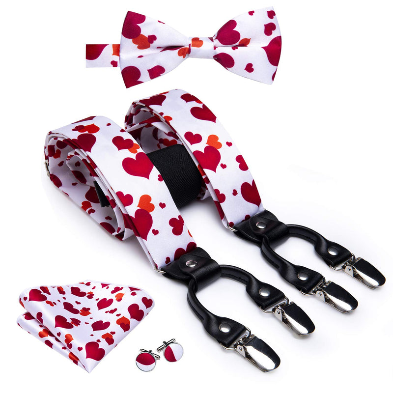 [Australia] - Dubulle Paisely Floral Clips Suspender and Bow Tie Set Pretied Bowtie and Pocket Square Cufflinks White Red 3044 