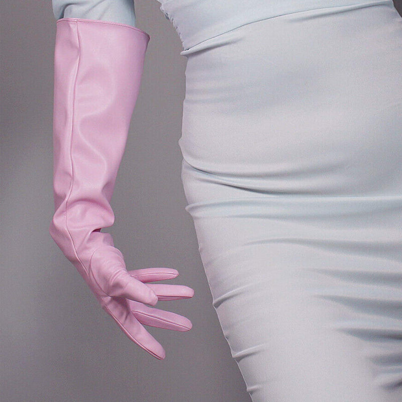 [Australia] - DooWay Women Fashion Gloves Faux Leather PU Baby Pink Cute Evening Cosplay Party Costume Accessories Finger Gloves Light Pink 50cm-wide Sleeves 