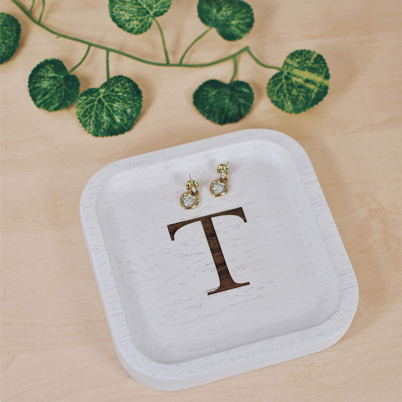 [Australia] - Solid Wood Personalized Initial Letter Jewelry Display Tray Decorative Trinket Dish Gifts For Rings Earrings Necklaces Bracelet Watch Holder (6"x6" Sq White "T") 6"x6" Sq White "T" 