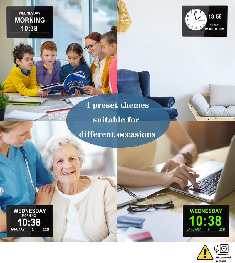 [Australia] - 16 Alarms Dementia Clock with Remote Control, 10 Levels Auto Dimmable Calendar Day Clock Non-Abbreviated Date and Day for Alzheimers Seniors, Memory Loss Clock Black 