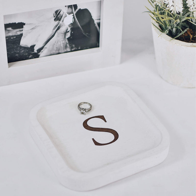 [Australia] - Solid Wood Personalized Initial Letter Jewelry Display Tray Decorative Trinket Dish Gifts For Rings Earrings Necklaces Bracelet Watch Holder (6"x6" Sq White "S") 6"x6" Sq White "S" 