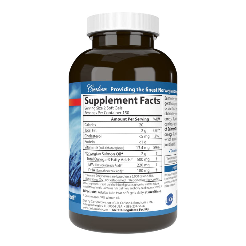 [Australia] - Carlson - Salmon Oil, 500 mg Omega-3s, Norwegian, Heart, Brain & Joint Health, 300 Softgels 