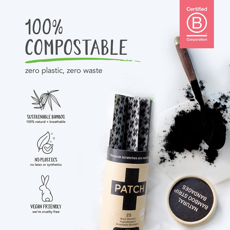 [Australia] - PATCH Bamboo Plasters for Bites & Splinters Hypoallergenic Wound Care for Sensitive Skin, Latex Free, Activated Charcoal, 25pcs 1 Pack (25 Plasters) 
