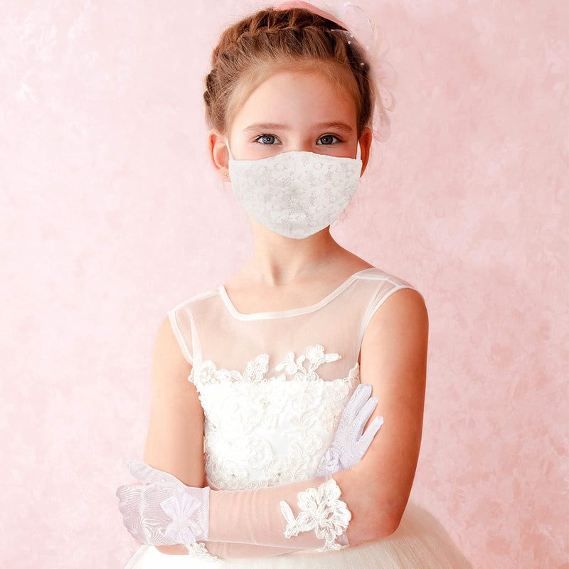[Australia] - 4 Pieces Flower Girls Gloves Communion Face Coverings, Lace Short Princess Bowknot Gloves, White Satin Gloves with Faux Pearl Gown Gloves, Opera Gloves Communion Face Covering for Kids Party Wedding 