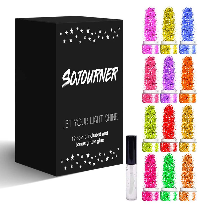 [Australia] - Chunky Cosmetic Holographic Neon Glitter I Body, Face & Hair Safe I 12 Pack + 1 Glitter Primer 12 PCS Neon 