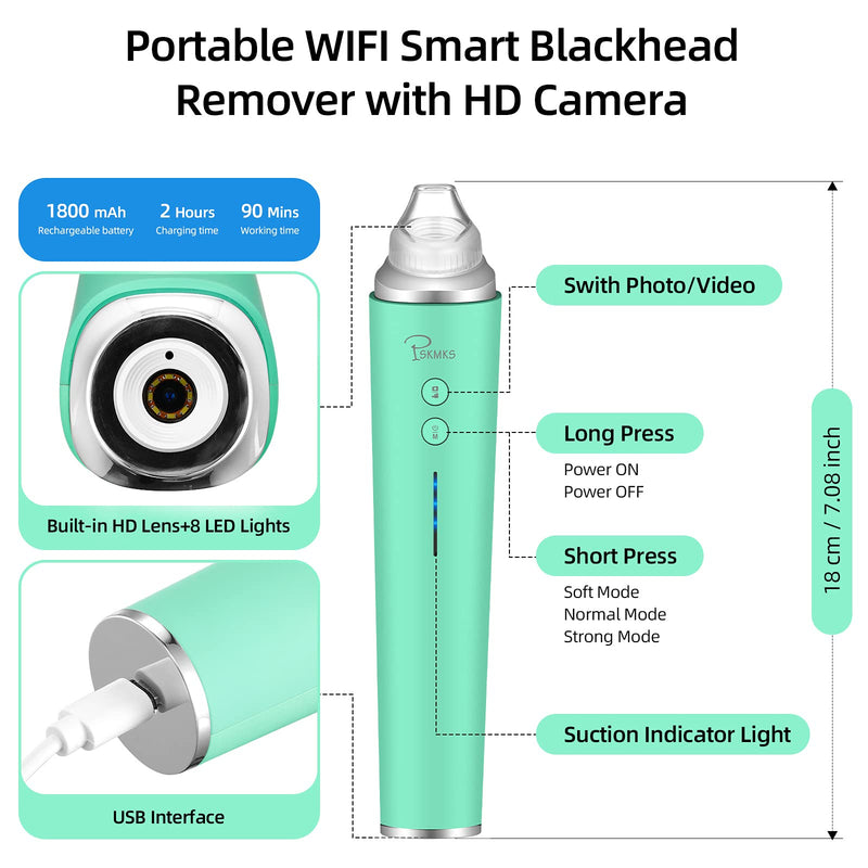 [Australia] - PSKMKS Blackhead Remover Vacuum with Camera 2021 Upgraded 5.0 MP Visual Facial Pore Cleaner USB Rechargeable Acne Comedone Whitehead Extractor Sucker Tool Blackhead Remover Kit Suction for Women & Men Green 