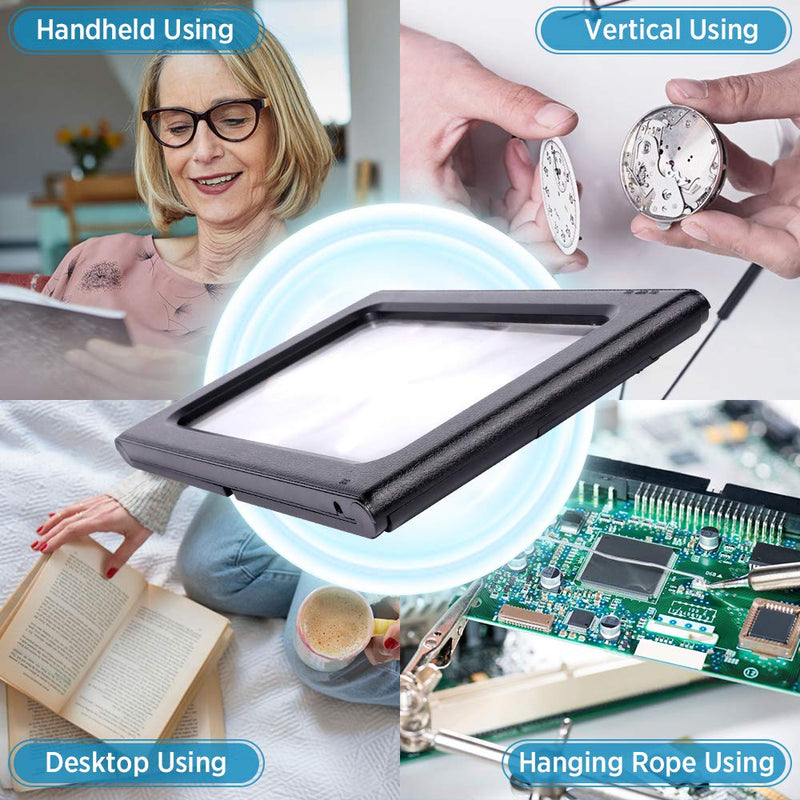 [Australia] - 3X Full Page Magnifying Glass Reading Magnifier with 6 LED Lights Handheld Hands-Free Magnifier with Stand & Lanyard PVC Material Ideal for Low Vision, Seniors, Reading Books, Newspapers 