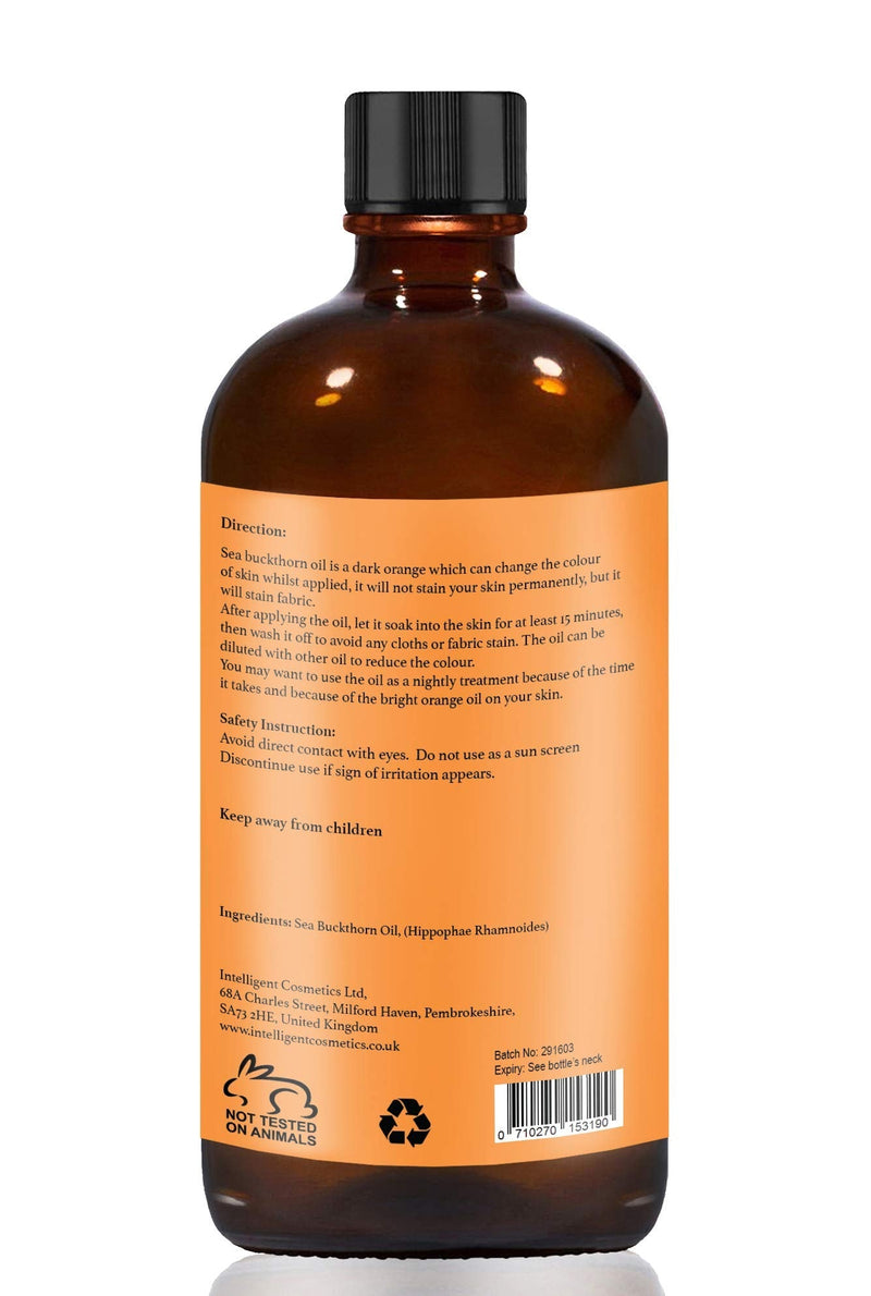 [Australia] - SEA BUCKTHORN OIL 100ML, 100% Cold Pressed Organic, Unrefined, Pure & Natural, Repairs Damaged Skin, Calms Irritated Skin, Heals Rosacea Supplied in Glass Amber Bottle with Pipette 
