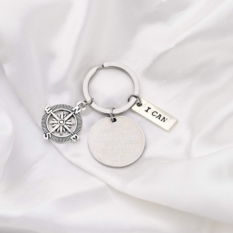 [Australia] - Inspirational Keychain You are Braver Stronger Smarter Than You Think Compass Keychain Graduation Gift Family Friend Students Kids Gifts silver 