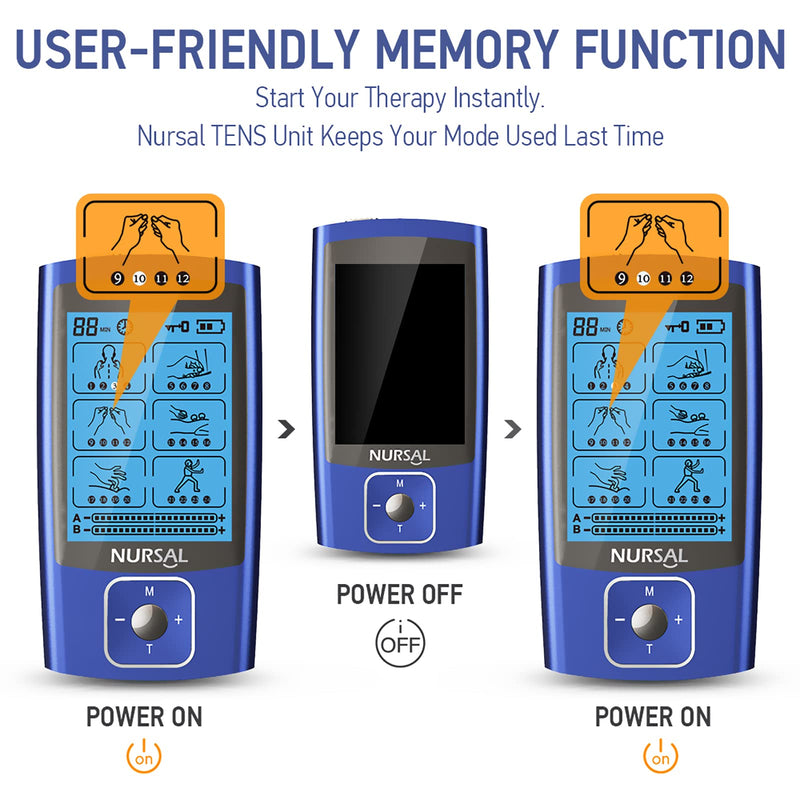 [Australia] - NURSAL TENS EMS Unit Muscle Stimulator for Pain Relief Therapy, Electric 24 Modes Dual Channel TENS Machine Pulse Massager with 12 Pcs Electrode Pads/Continuous Stable Mode/Memory Function Blue 