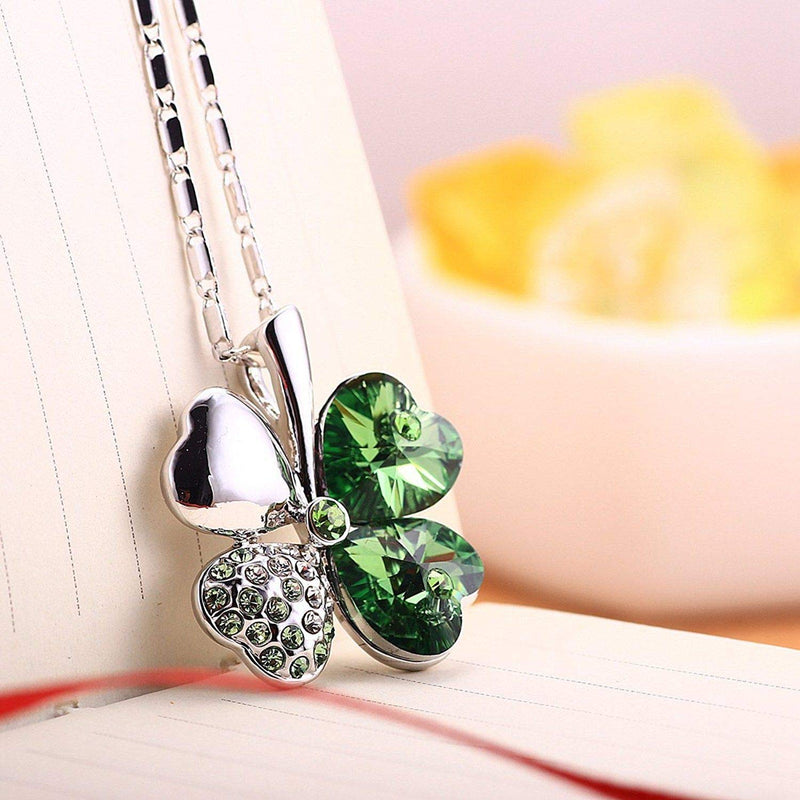 [Australia] - Four Leaf Clover Necklace - Green St.Patrick's Day Shamrock Jewelry - Good Luck - Green Clover Necklace, Earrings, Bracelet, Brooch - Crystals and Rhinestones - Mall of Style Silver Necklace 