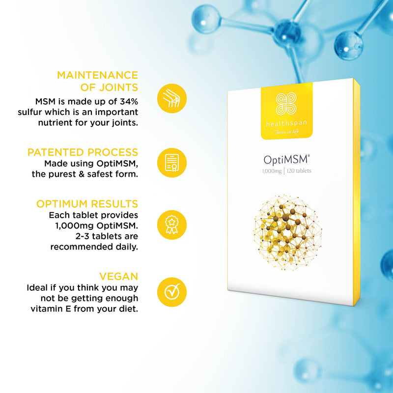 [Australia] - Healthspan OptiMSM 1,000mg | Natural Form of MSM | Sulfur | Purified Methylsulphonylmethane | Joint Cartilage | Vegan (120 Tablets) 120 Count (Pack of 1) 