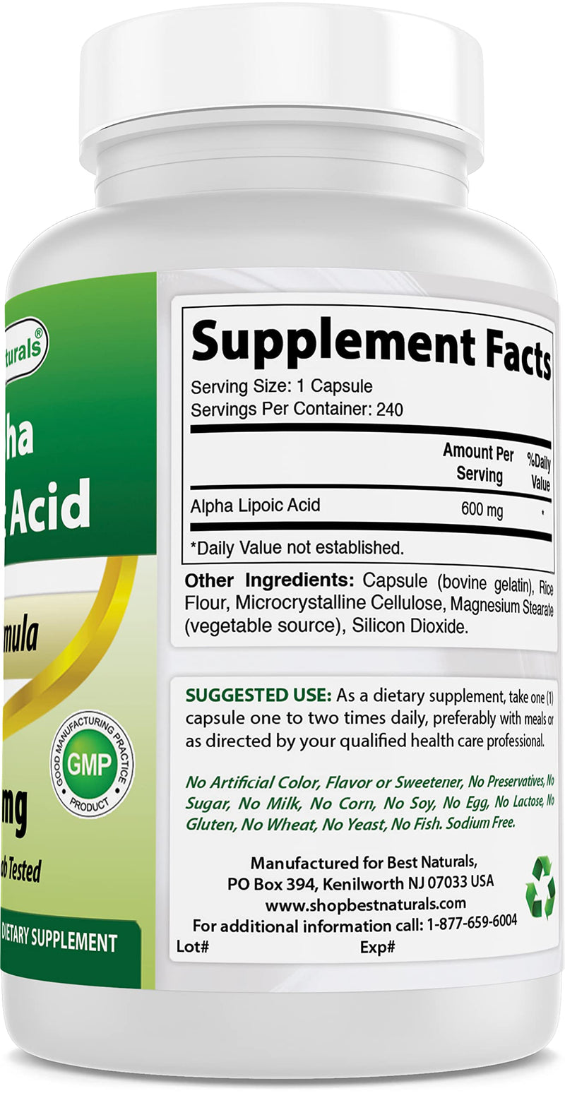 [Australia] - Best Naturals Alpha Lipoic Acid 600 mg 240 Capsules (240 Count (Pack of 1)) 240 Count (Pack of 1) 
