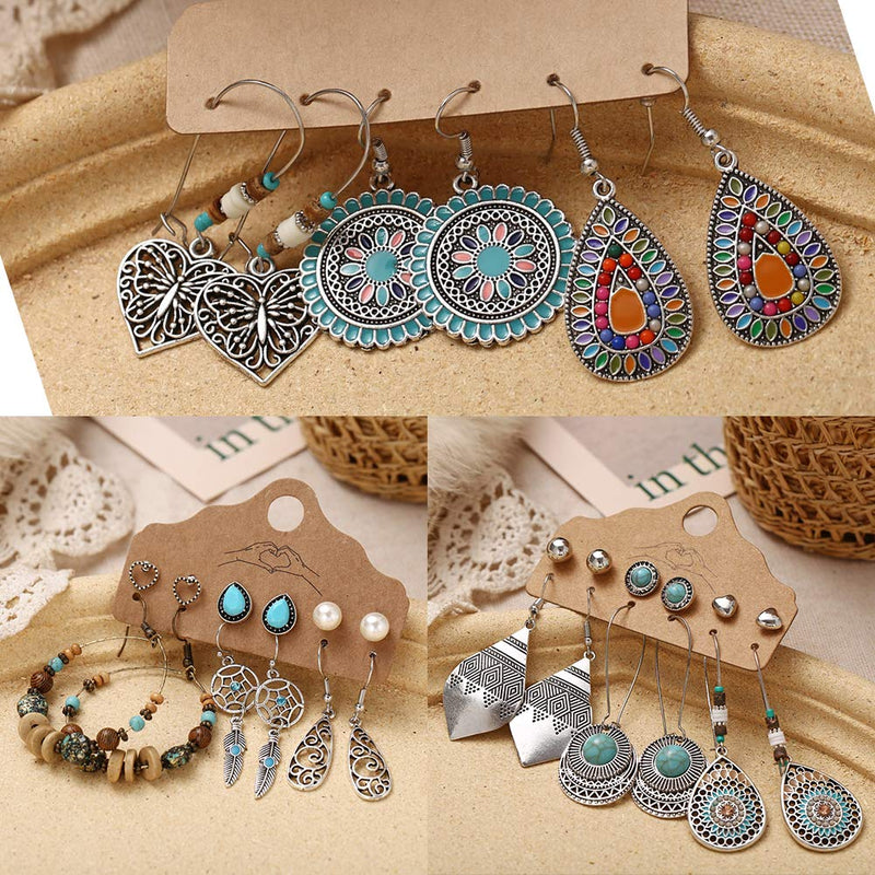 [Australia] - 45 Pairs Fashion Hollow Drop Dangle Earrings Set for Women Girls Bohemian National Style Eardrop with Bronze Waterdrop Leaf Feather Shaped Vintage Jewelry for Gifts 