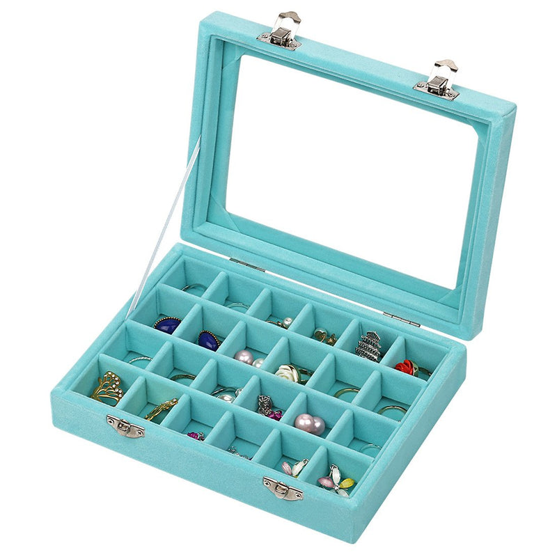 [Australia] - Ivosmart Velvet Glass Jewelry Ring Display Organiser Box Tray Holder Earrings Storage Case (Light Blue) Light Blue 