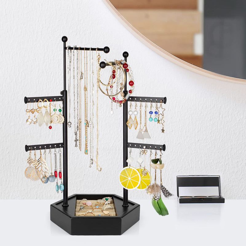 [Australia] - Miratino Jewelry Organizer Stand Jewelry Holder Double Rods 6 Tiers with Solid Wood Storage Hexagon Base for Necklaces Earrings Bracelets Rings Display Vintage Black 