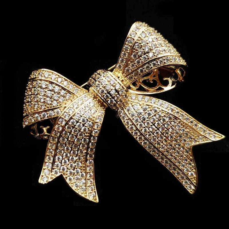 [Australia] - DREAMLANDSALES Victorian Vintage Gold Tone Full Micro Pave Ribbon Bow Brooches Pins Women Accessory 