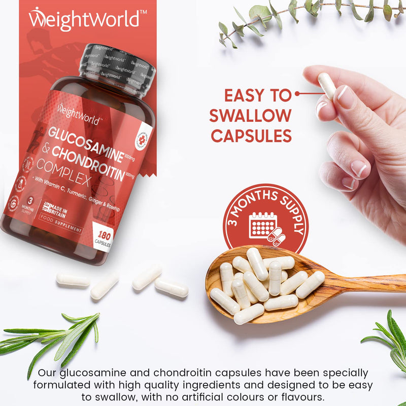 [Australia] - Glucosamine and Chondroitin High Strength - 180 Capsules (3 Month Supply) - Glucosamine Complex with Ginger, Vitamin C, Turmeric, Rosehip - Glucosamine Sulphate 2KCL Bone & Joint Supplements - UK Made 