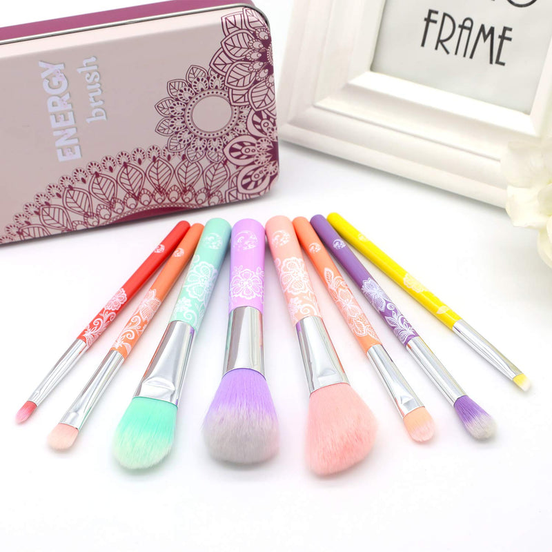 [Australia] - ENERGY Colorful Rainbow Makeup Powder Brushes Set With Case Beauty Tools with Foundation Face Blending Blush Concealer Brow Eye Shadow Brushes Essential Cosmetics for Girl Women (8 Pcs) Multi-colored 