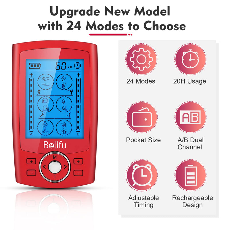 [Australia] - Belifu Dual Channel TENS EMS Unit 24 Modes Muscle Stimulator for Pain Relief Therapy, Electronic Pulse Massager Muscle Massager with 10 Pads, Dust-Proof Drawstring Storage Bag，Fastening Cable Ties Red 